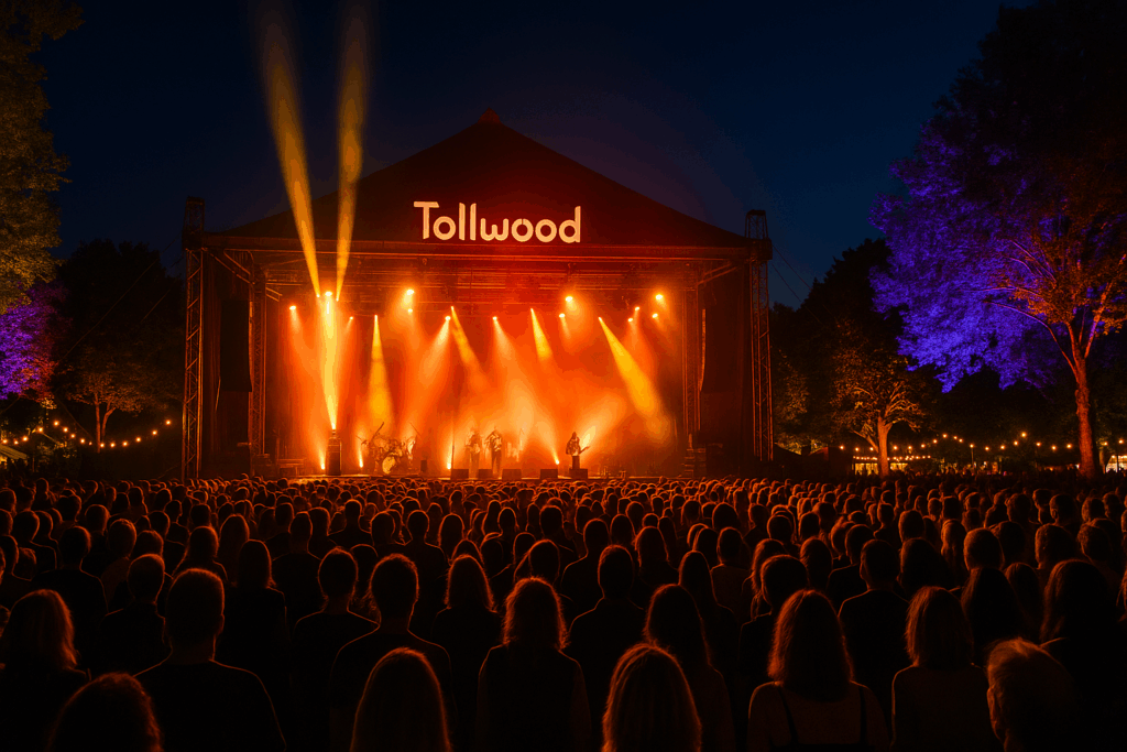 Večernji nastup na Tollwood festivalu pod svjetlima reflektora i ljetnim nebom