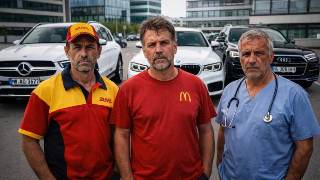 Tri radnika u uniformama stoje ispred luksuznih automobila na parkingu u Münchenu