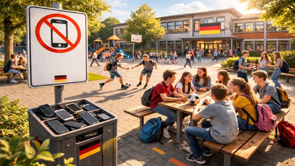 Djeca u školskom dvorištu u Njemačkoj tijekom odmora bez korištenja mobitela
