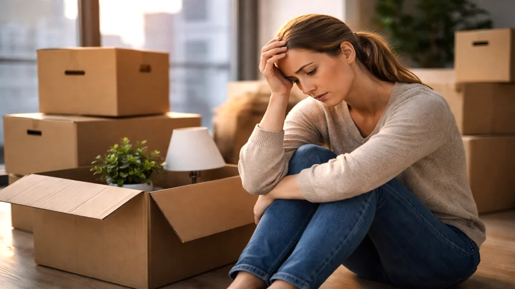 Žena sjedi među kutijama u praznom stanu i zamišljeno gleda u pod nakon gubitka najma
