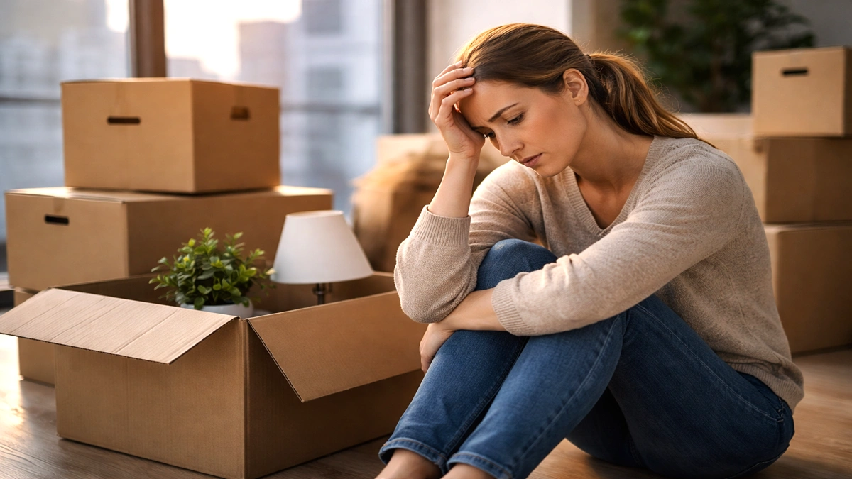 Žena sjedi među kutijama u praznom stanu i zamišljeno gleda u pod nakon gubitka najma