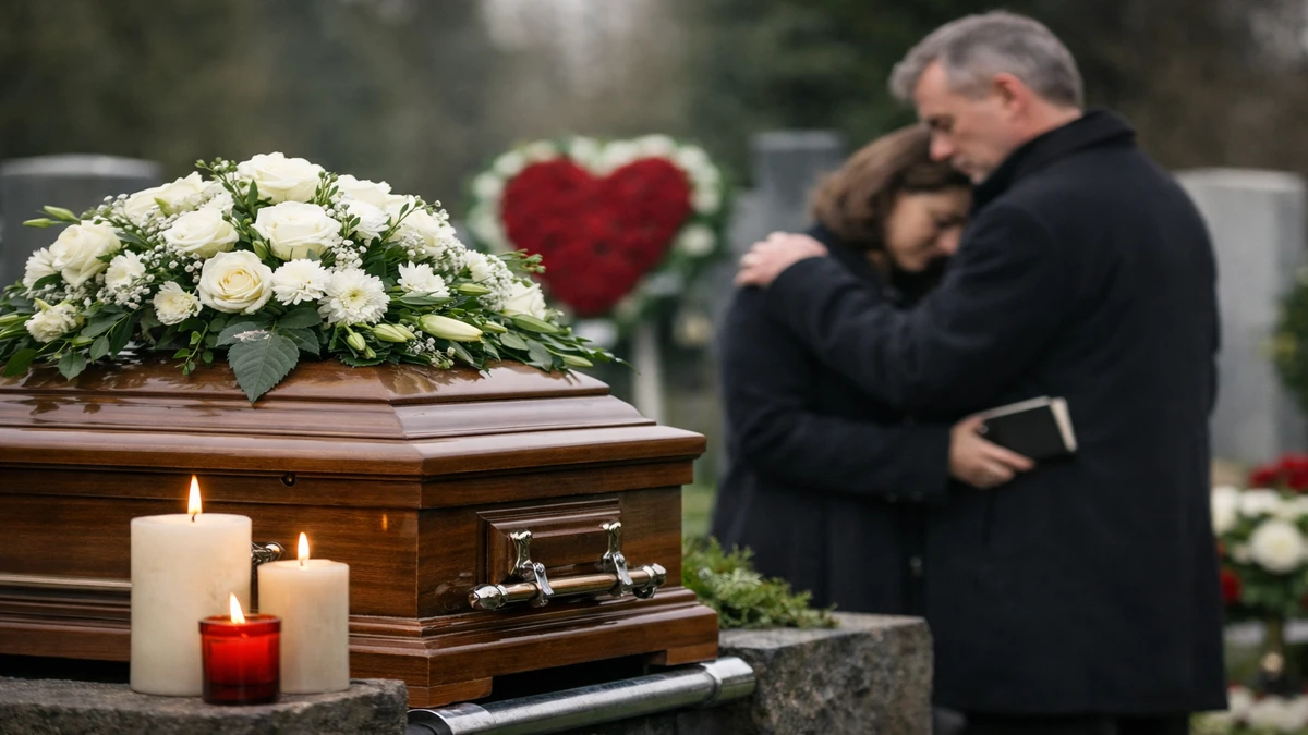 Pogrebna ceremonija s lijesom i cvjetnim aranžmanima na groblju, realistična fotografija bez teksta