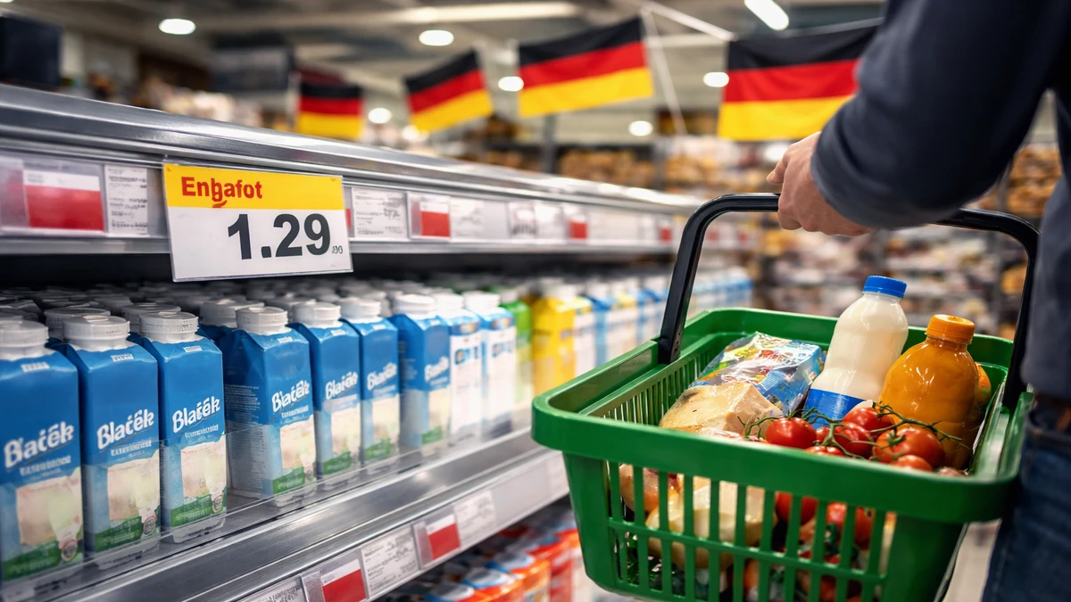 Kupovina u njemačkom supermarketu s prikazom rasta cijena i proizvoda u košarici