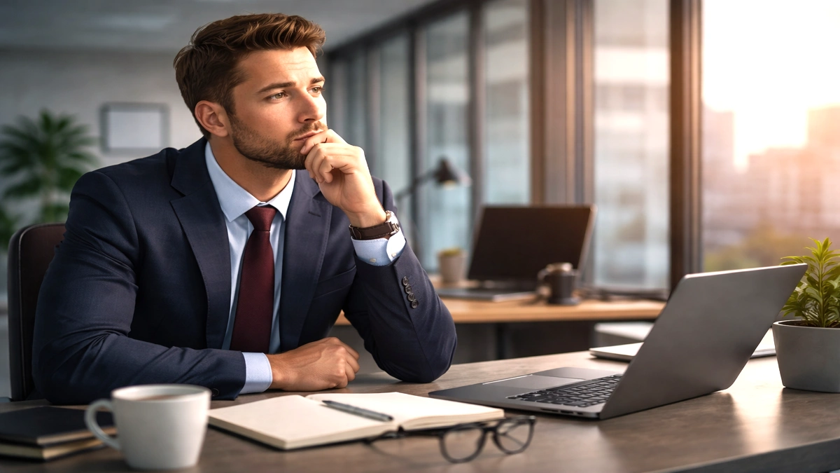 Muškarac u uredu zamišljeno gleda kroz prozor dok razmišlja o promjeni posla u Njemačk