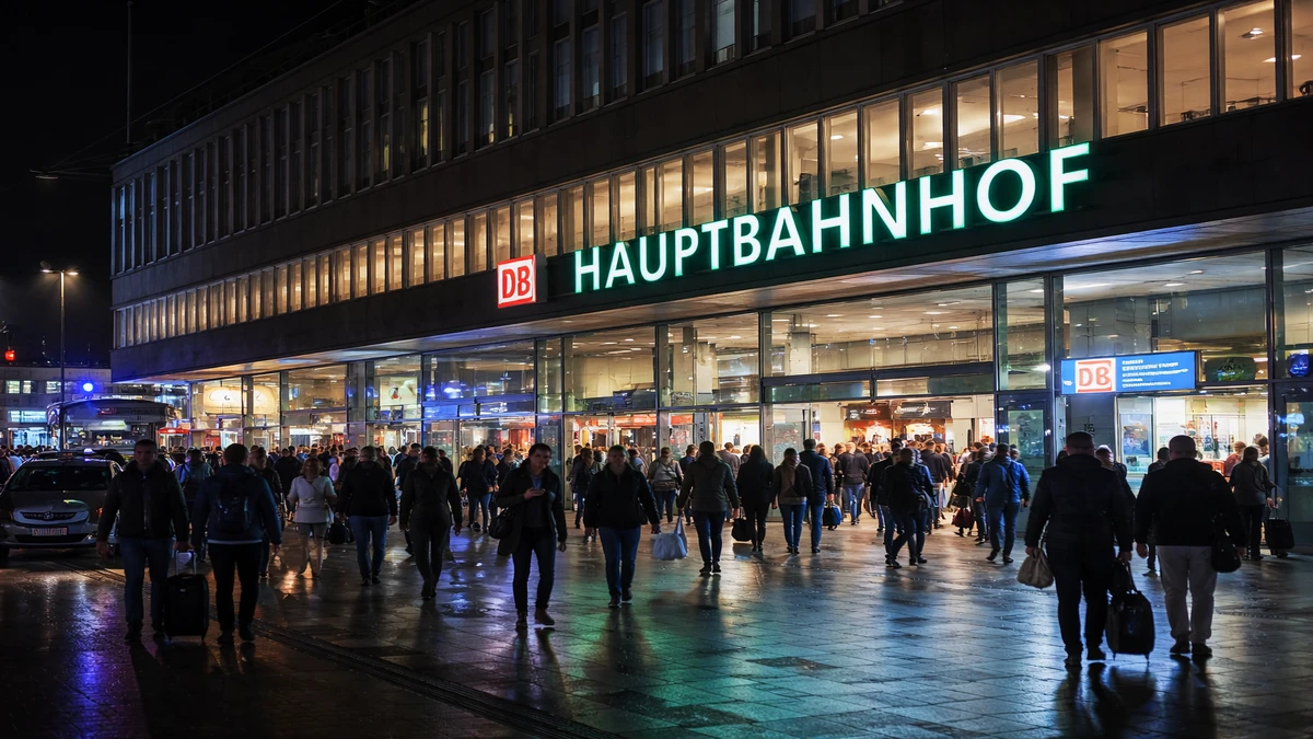 Münchenski glavni kolodvor noću s putnicima ispred ulaza i osvijetljenim pročeljem