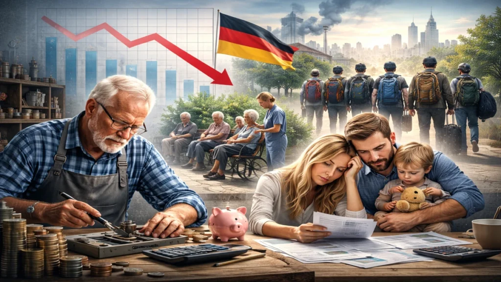 Stariji radnik i mlada obitelj kao simbol starenja stanovništva i demografskih izazova u Njemačkoj