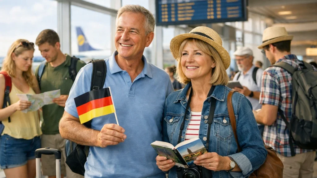 Njemački turisti na aerodromu s putnim torbama, ilustracija rasta interesa za putovanja u 2026.
