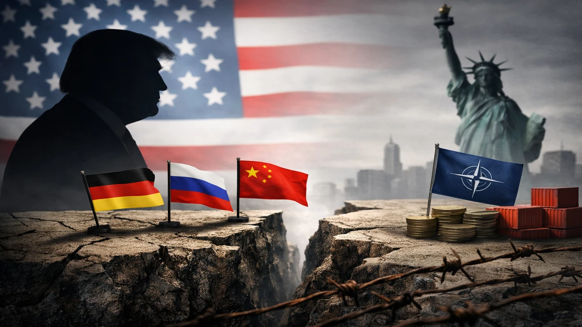 Ilustracija transatlantskih napetosti između Njemačke i SAD-a uz simboliku NATO-a i globalne sigurnosti