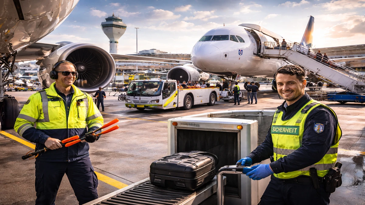 Radnici na aerodromu München tijekom rada na pisti i sigurnosne kontrole prtljage