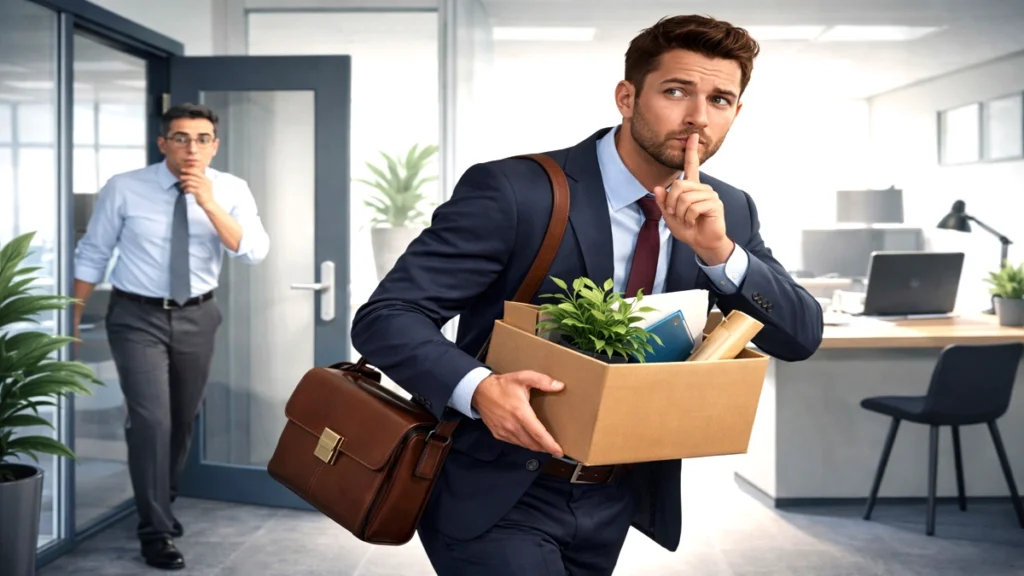 Zaposlenik diskretno izlazi iz ureda s kutijom dok ga nadređeni promatra u pozadini