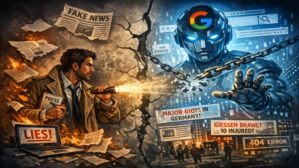 Novinar suočen s umjetnom inteligencijom koja širi lažne vijesti, simbolična ilustracija sukoba istine i AI dezinformacija