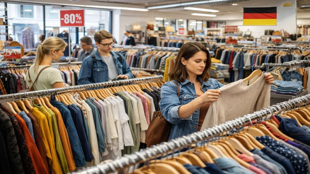Kupci pregledavaju rabljenu odjeću u second hand trgovini u Njemačkoj