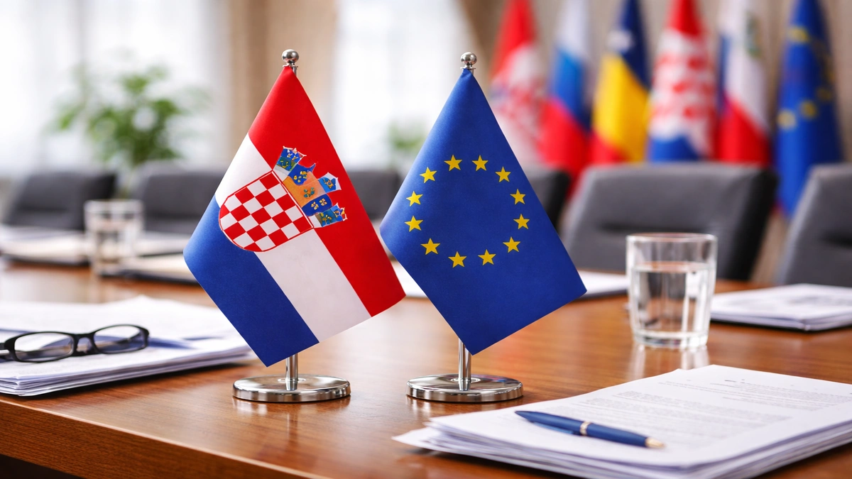 Zastave Hrvatske i Europske unije na konferencijskom stolu tijekom institucionalnog sastanka