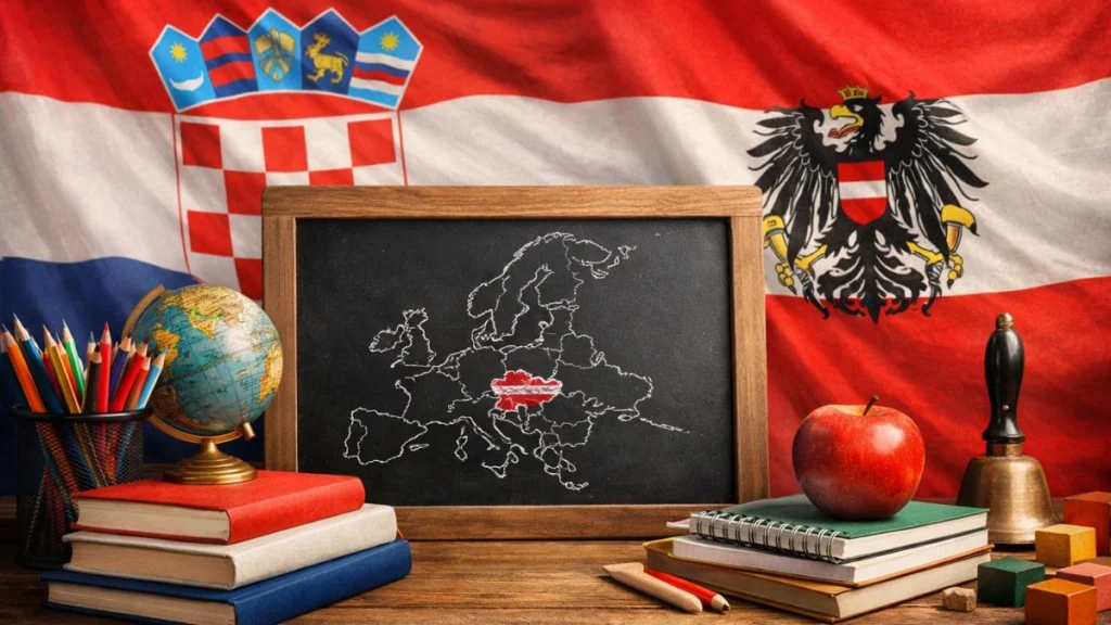 Učionica s austrijskom i hrvatskom zastavom koja simbolizira nastavu hrvatskog jezika u austrijskim školama.