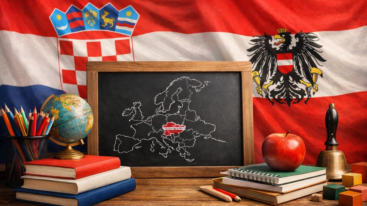 Učionica s austrijskom i hrvatskom zastavom koja simbolizira nastavu hrvatskog jezika u austrijskim školama.