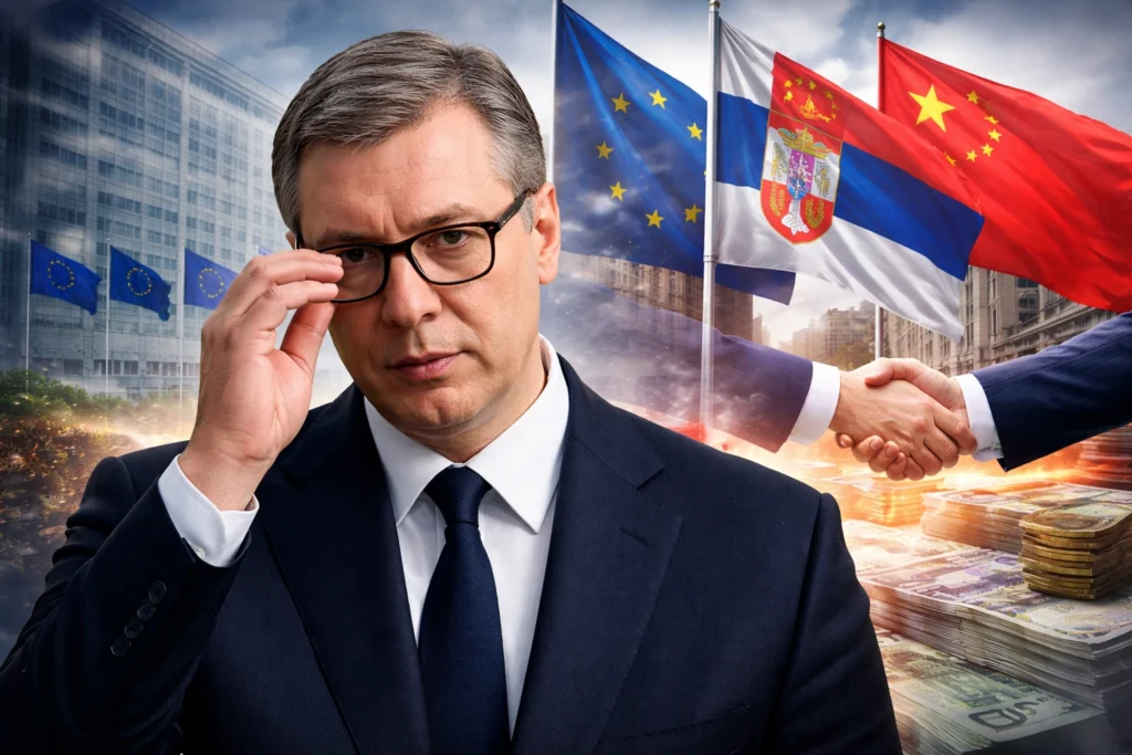 Aleksandar Vučić ispred zastava EU, Srbije, Rusije i Kine, simbol političkog balansa i pritisaka