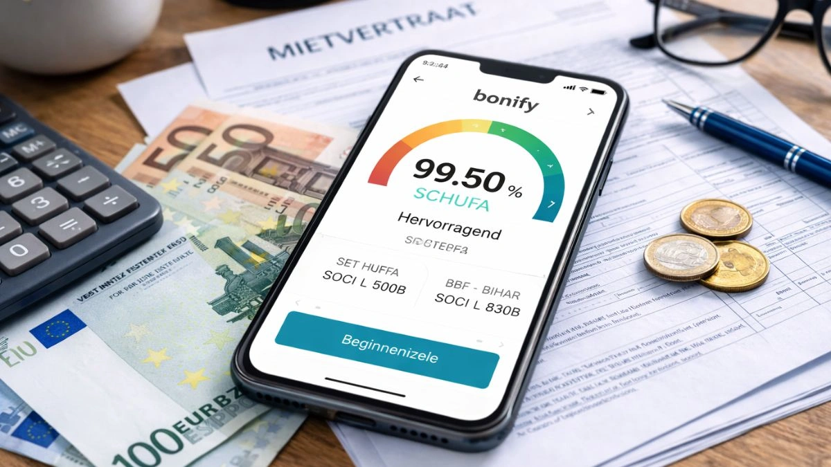 Pametni telefon, novac i dokumenti na stolu kao simbol kreditne sposobnosti u Njemačkoj
