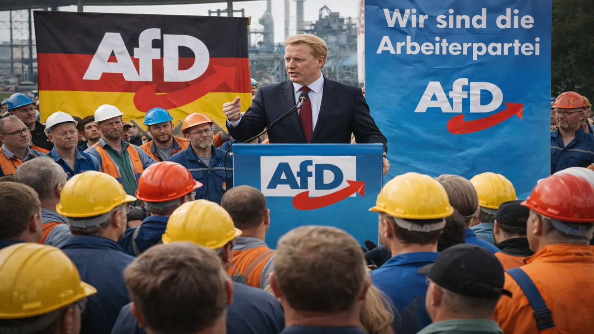 Politički skup u Njemačkoj s radnicima i govornikom ispred industrijskog okruženja