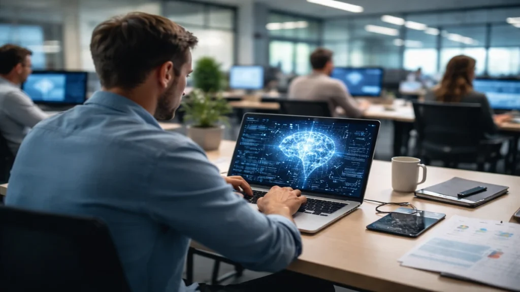 Radnik za laptopom u modernom uredu dok na ekranu prikaz umjetne inteligencije simbolizira promjene na tržištu rada.