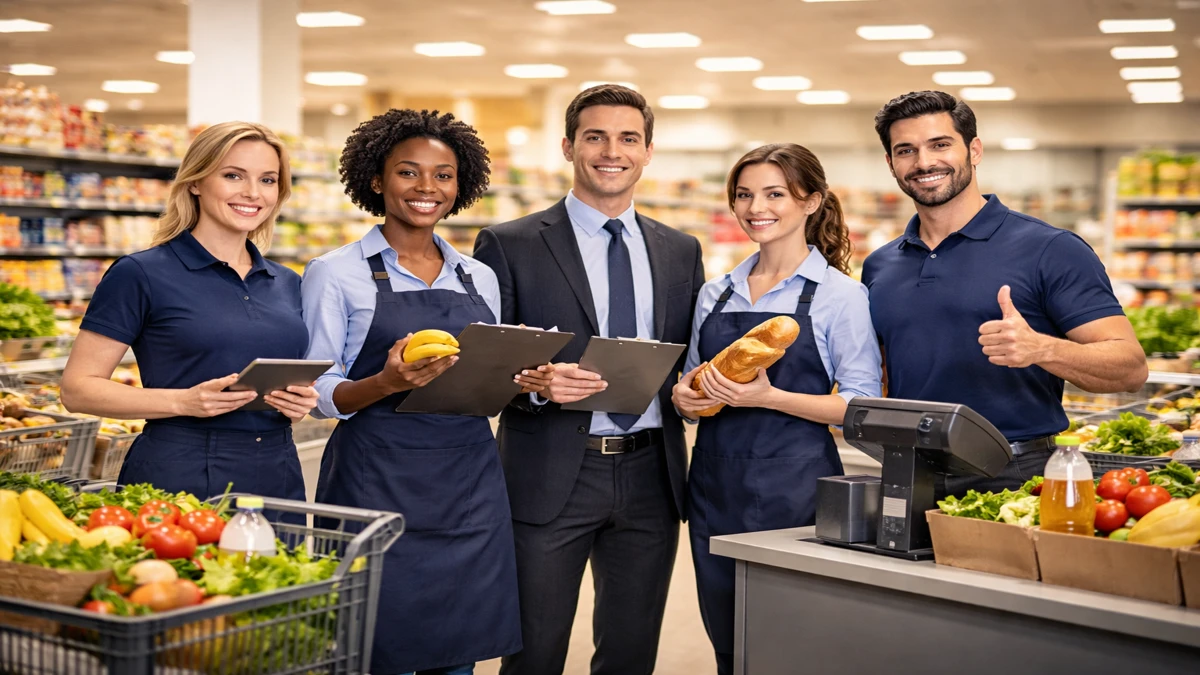 Zaposlenici u supermarketu tijekom rada u trgovini s blagajnom i policama s namirnicama