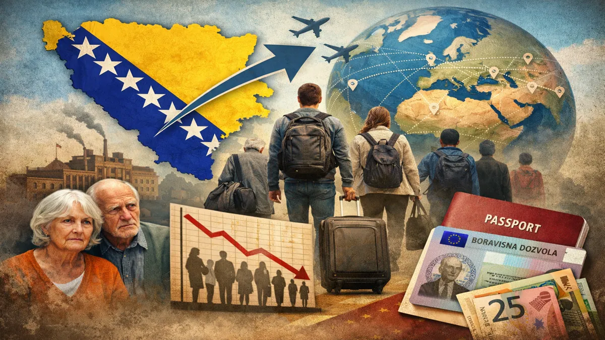 Iseljavanje iz Bosne i Hercegovine prikazano kroz ljude s koferima, kartu BiH i globalne migracije