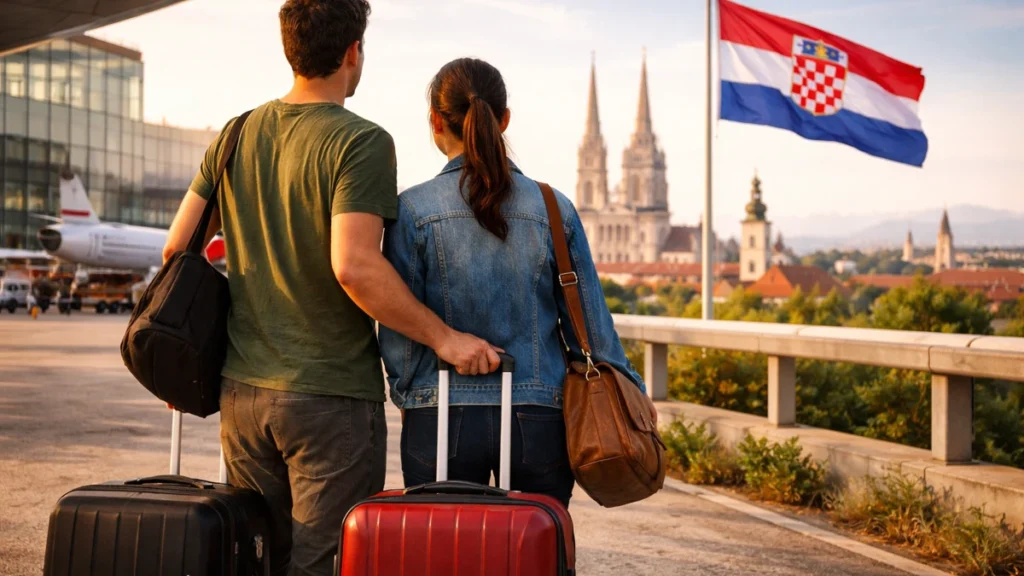 Mladi par s koferima dolazi u Hrvatsku i promatra Zagreb, simbol povratka potomaka hrvatskih iseljenika.