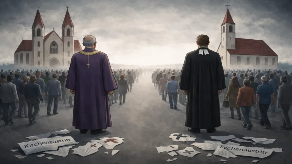 Ljudi napuštaju crkvu u Njemačkoj dok svećenik i pastor promatraju praznjenje zajednice