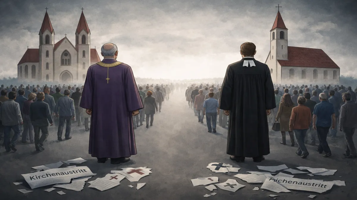 Ljudi napuštaju crkvu u Njemačkoj dok svećenik i pastor promatraju praznjenje zajednice