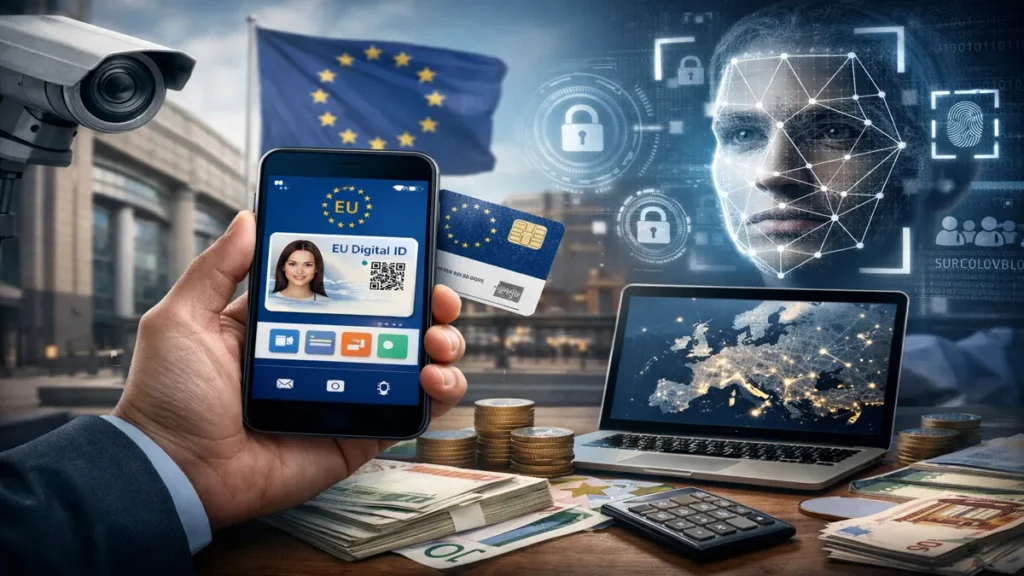 Pametni telefon s digitalnim identitetom EU, dokumentima i sigurnosnim elementima u digitalnom okruženju