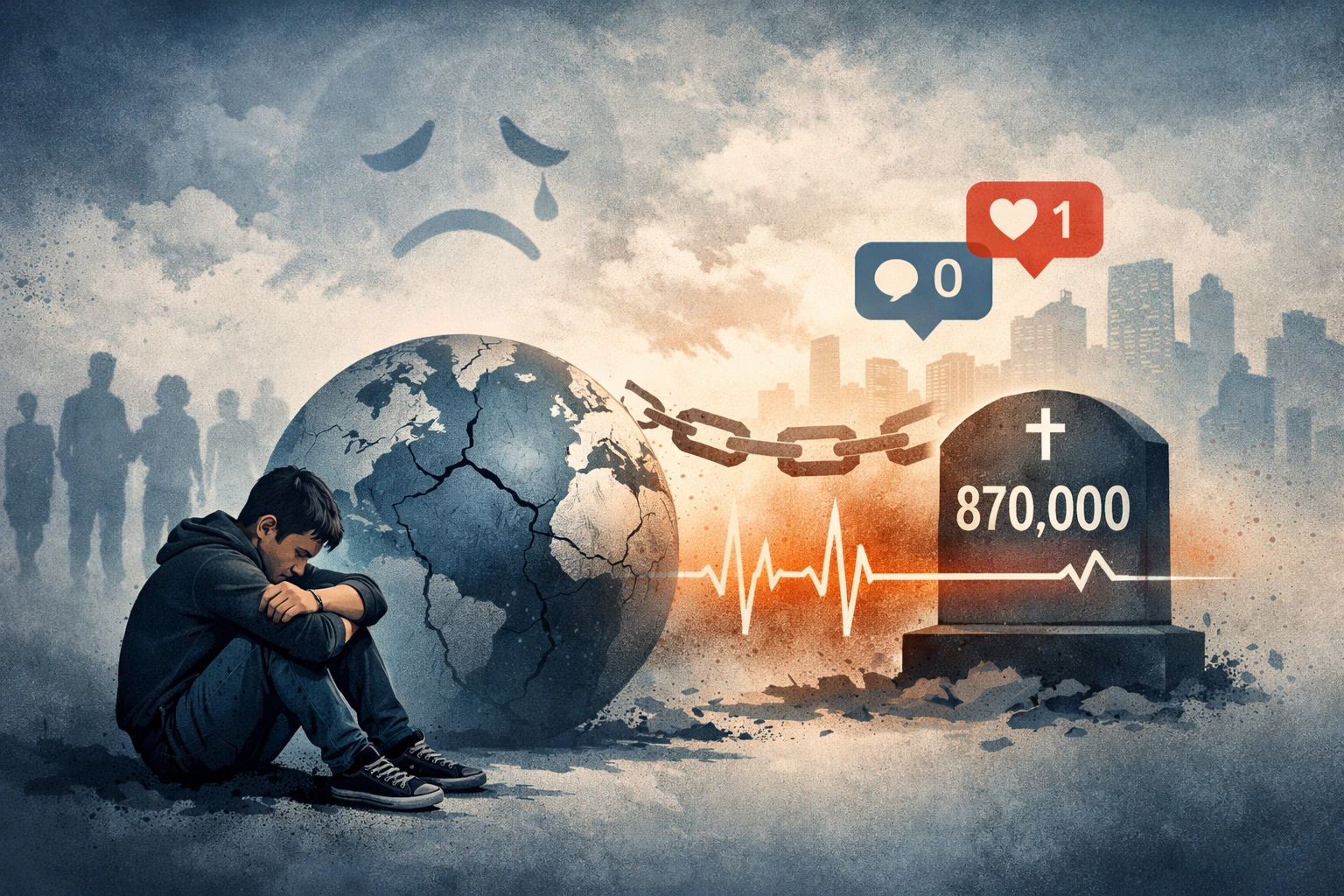 Ilustracija usamljenosti s mladim muškarcem i simbolikom globalne izolacije