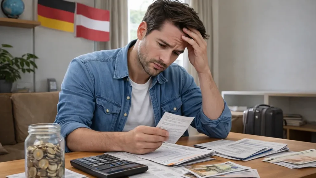 Muškarac u dijaspori pregledava račune i novac za stolom, zabrinut zbog financijske situacije