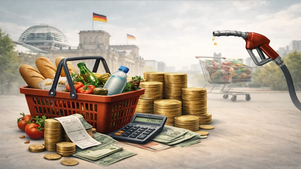 Košarica s namirnicama i euro novcem kao simbol inflacije u Njemačkoj