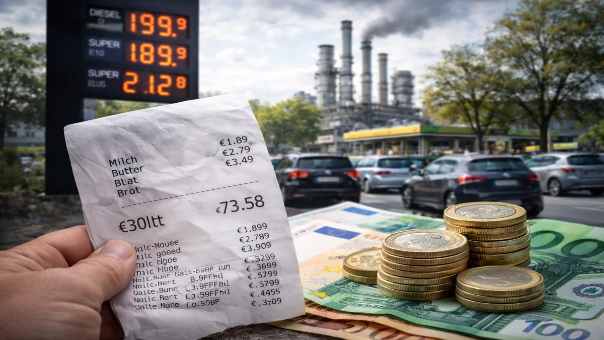 Inflacija u Njemačkoj prikazana kroz račun iz trgovine, euro novac i cijene goriva u pozadini