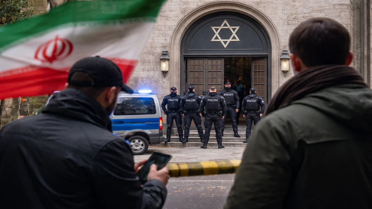 Policija osigurava sinagogu u Njemačkoj dok u pozadini simbolično prikazana prijetnja iranskih službi