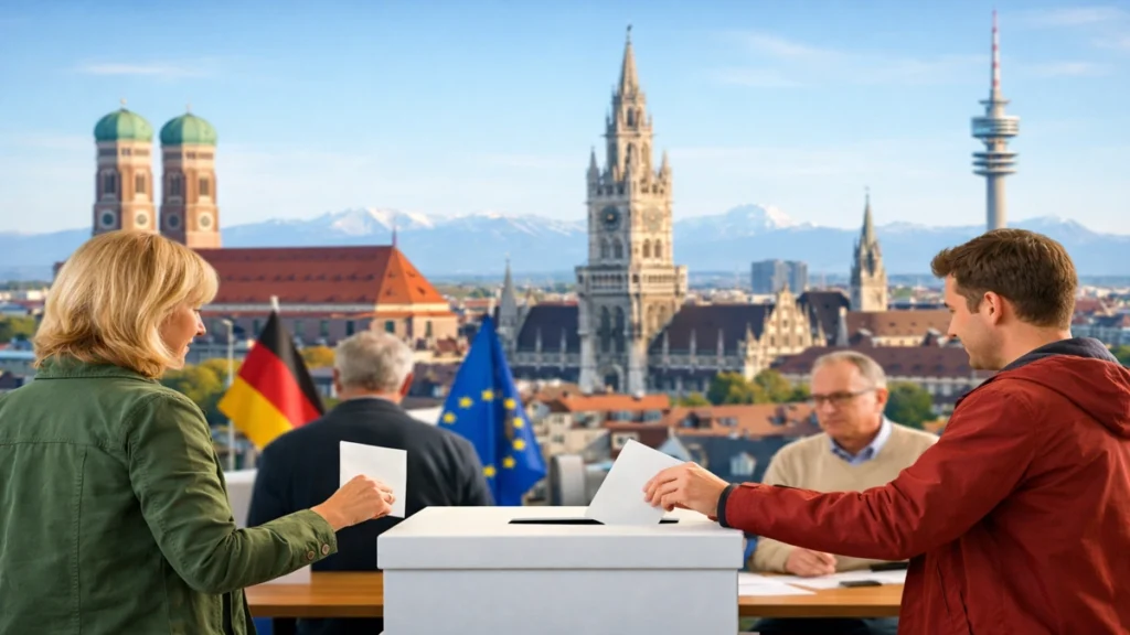 Građani ubacuju glasačke listiće u biračku kutiju uz panoramu Münchena i tornjeve Frauenkirche u pozadini