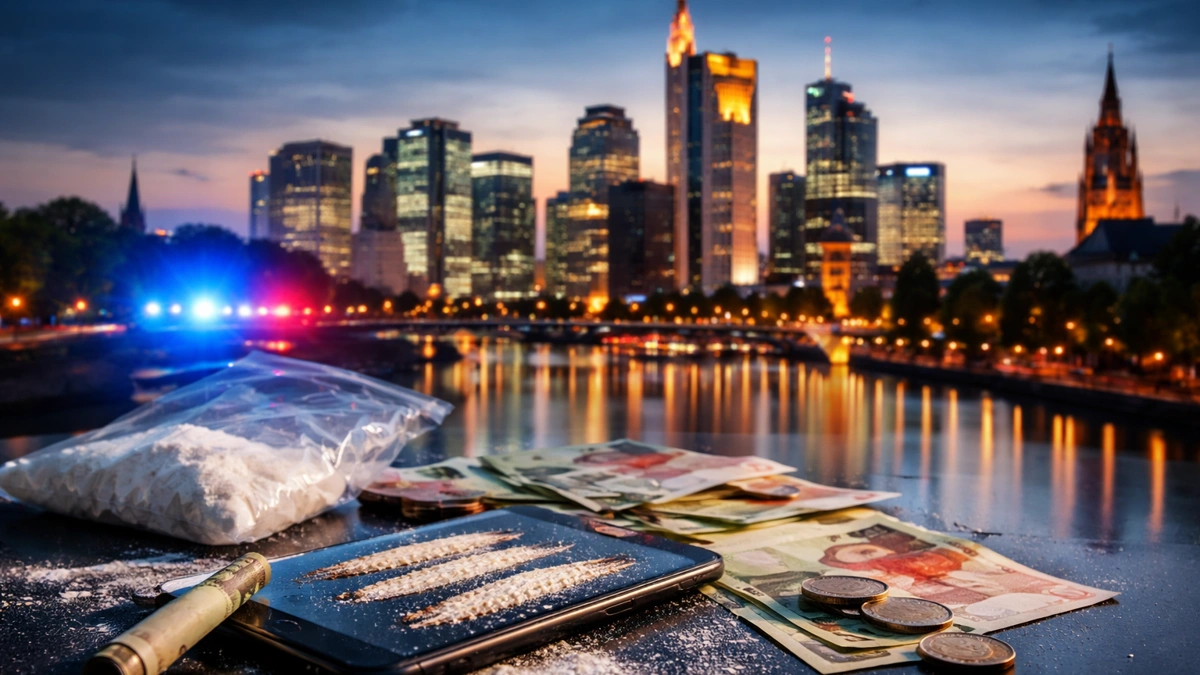 Noćni pogled na Frankfurt uz simboličan prikaz problema konzumacije kokaina u Njemačkoj