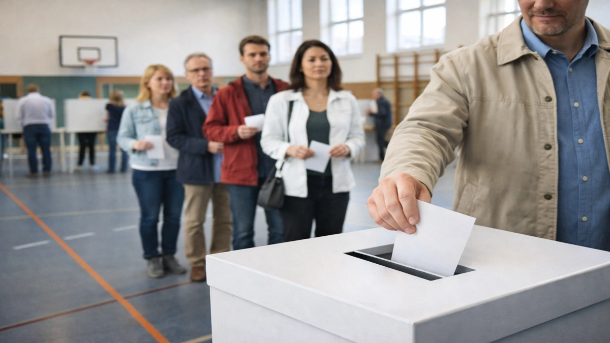 Birači stoje u redu i ubacuju glasački listić u biračku kutiju na lokalnim izborima u Njemačkoj