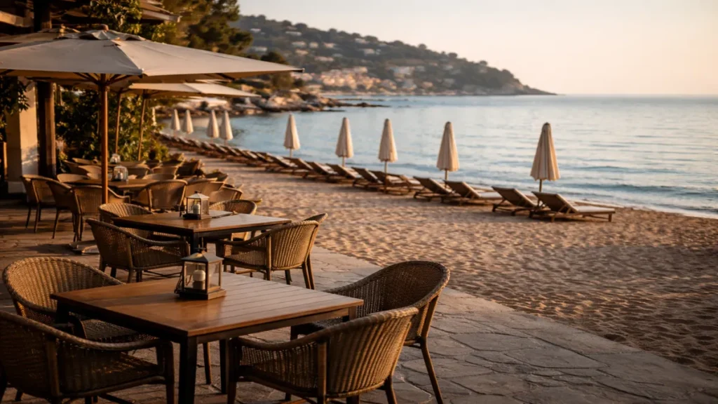 Prazna terasa uz more s ležaljkama i zatvorenim suncobranima u mediteranskom okruženju