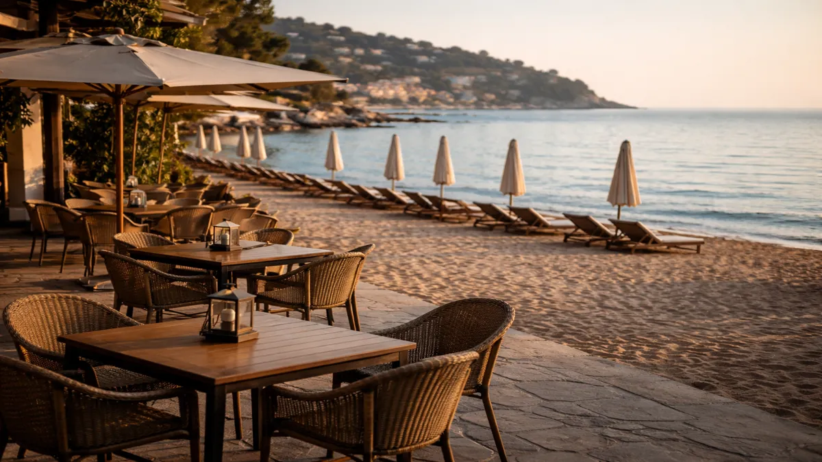 Prazna terasa uz more s ležaljkama i zatvorenim suncobranima u mediteranskom okruženju