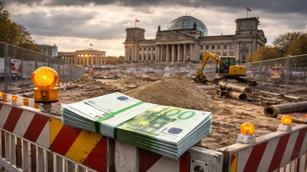 Gradilište ispred Bundestaga s novcem na barijeri kao simbol nenamjenskog trošenja sredstava