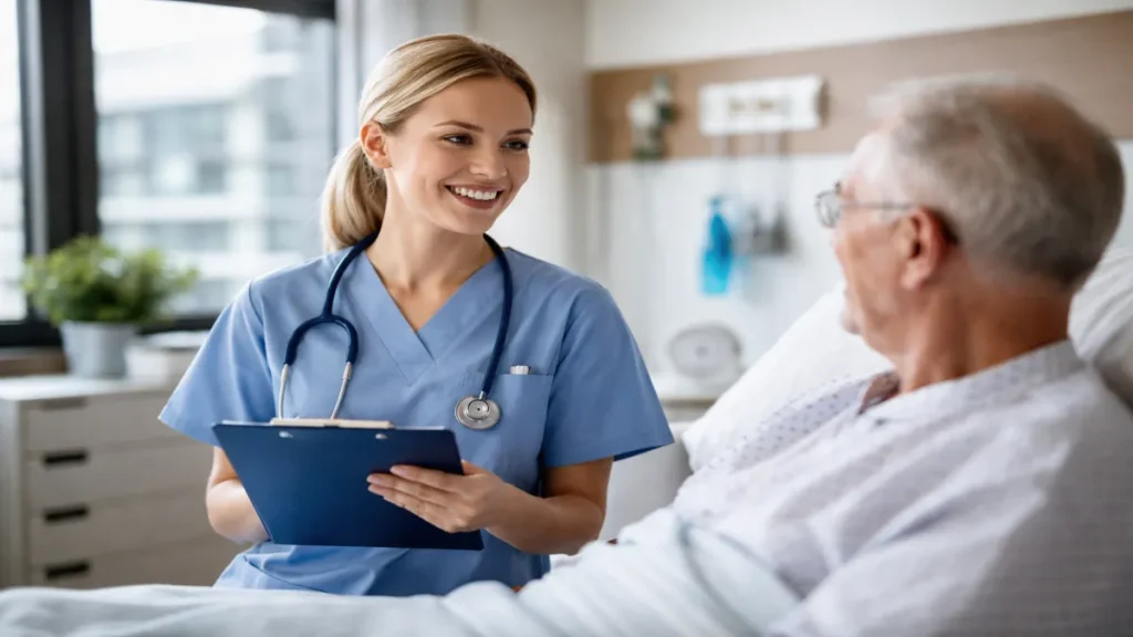 Medicinska sestra razgovara s pacijentom u bolničkoj sobi u Njemačkoj