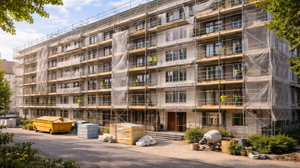 Stambena zgrada u Njemačkoj tijekom energetske obnove sa skelama i radovima na fasadi