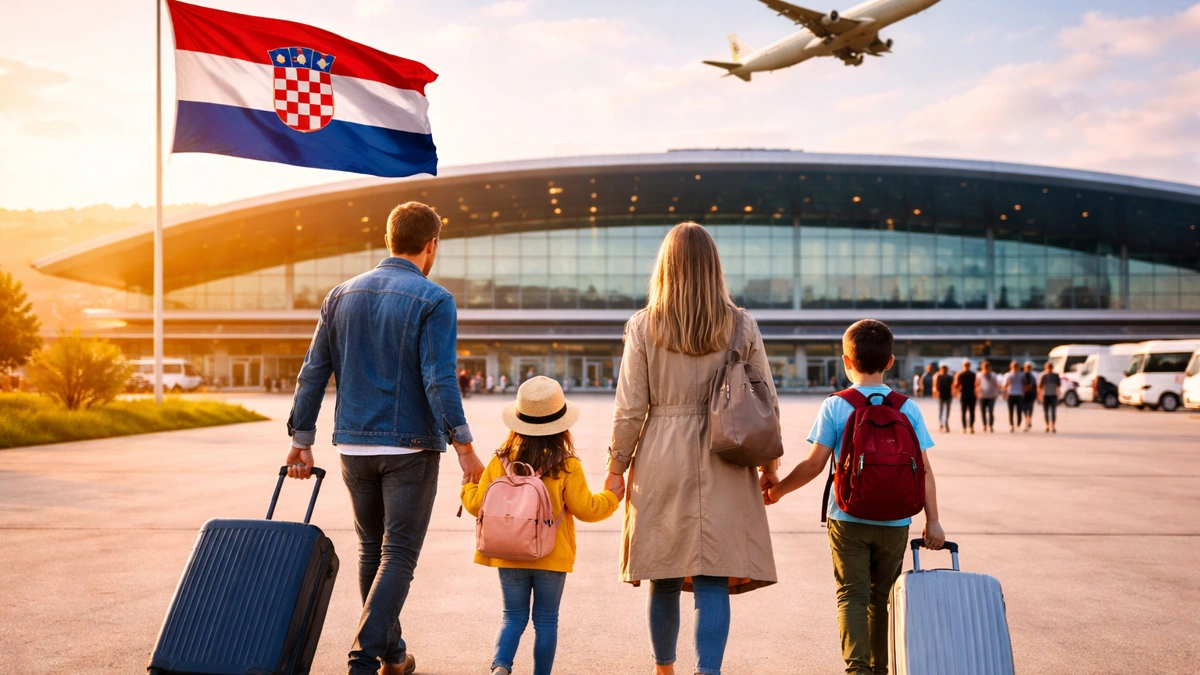 Obitelj s koferima dolazi na aerodrom u Hrvatskoj kao simbol povratka iseljenika