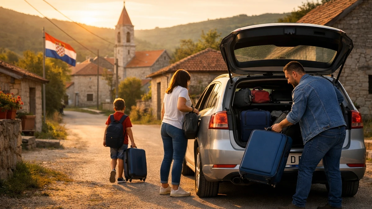 Povratak hrvatske obitelji iz Njemačke u rodno selo u Hrvatskoj uz zalazak sunca