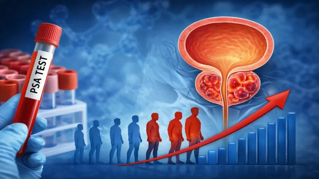 Krvni uzorak i ilustracija prostate koja prikazuje povezanost PSA testa i rizika od raka prostate