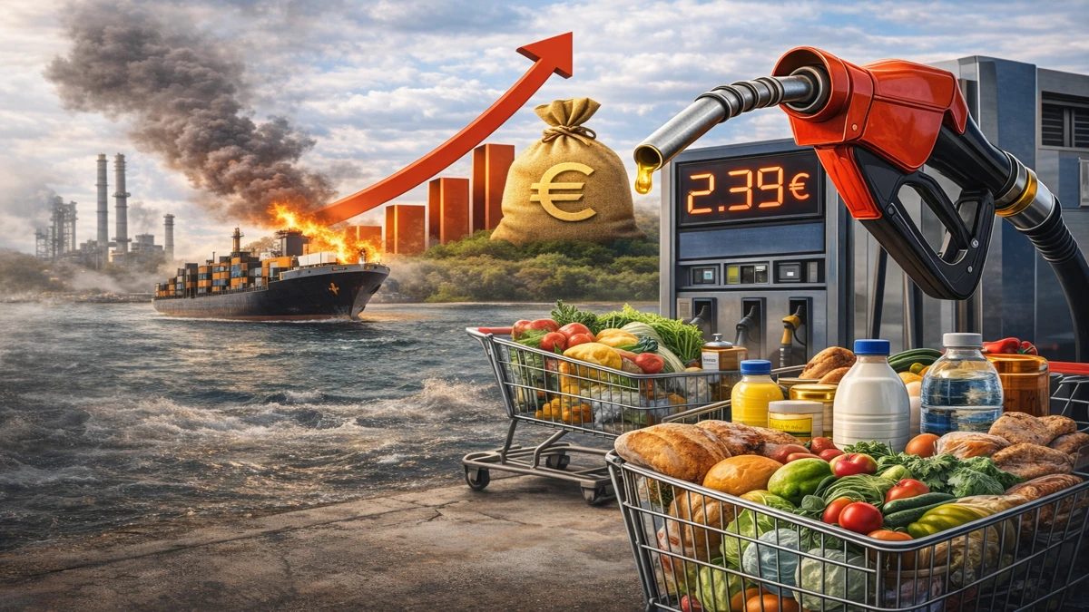 Rast cijena goriva u Njemačkoj uz košaricu s namirnicama i tanker s naftom u pozadini kao simbol ekonomskih posljedica rata oko Irana