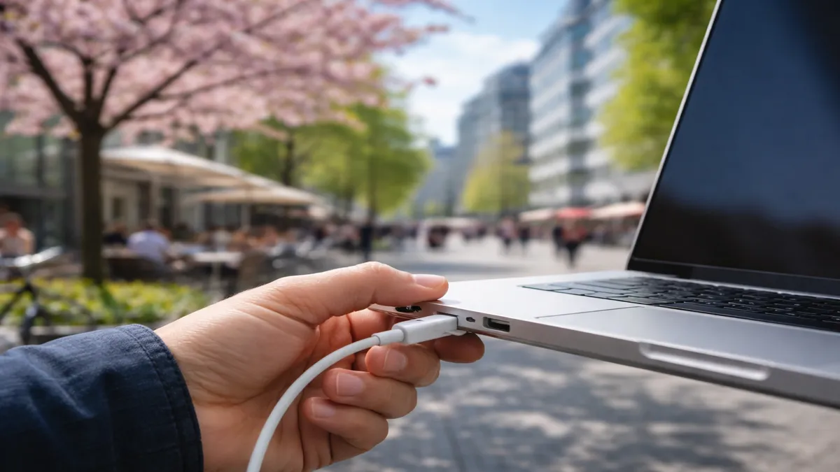 Ruka spaja USB-C kabel na laptop u urbanom okruženju