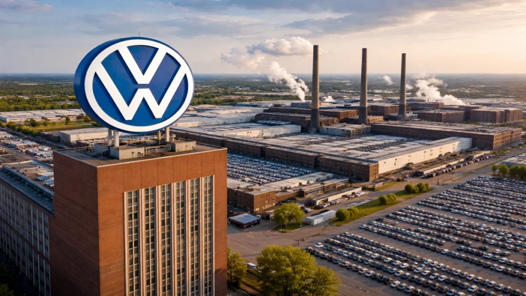 Volkswagen tvornica u Wolfsburgu s velikim VW logotipom i industrijskim kompleksom