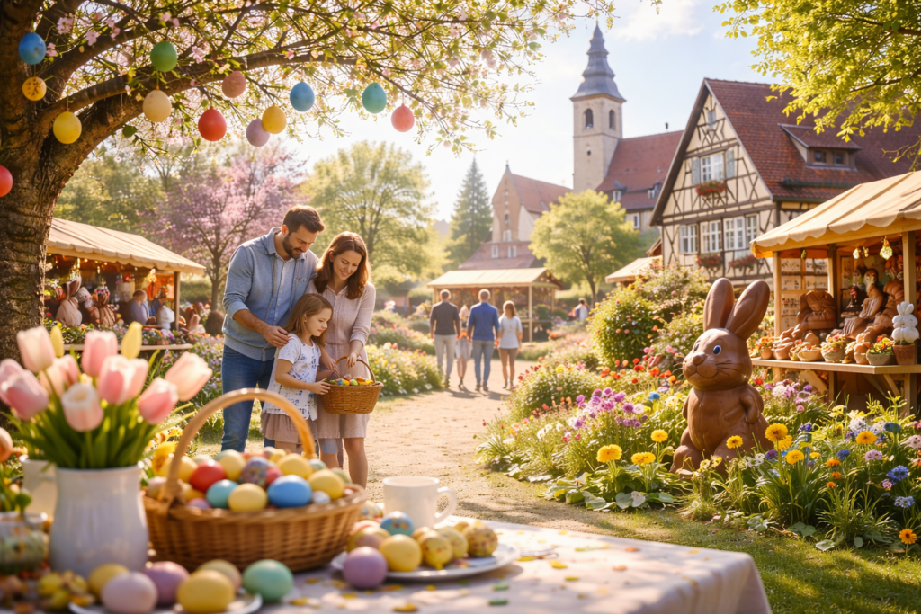 Uskrsni sajam u Njemačkoj s obitelji i djecom koja traže jaja