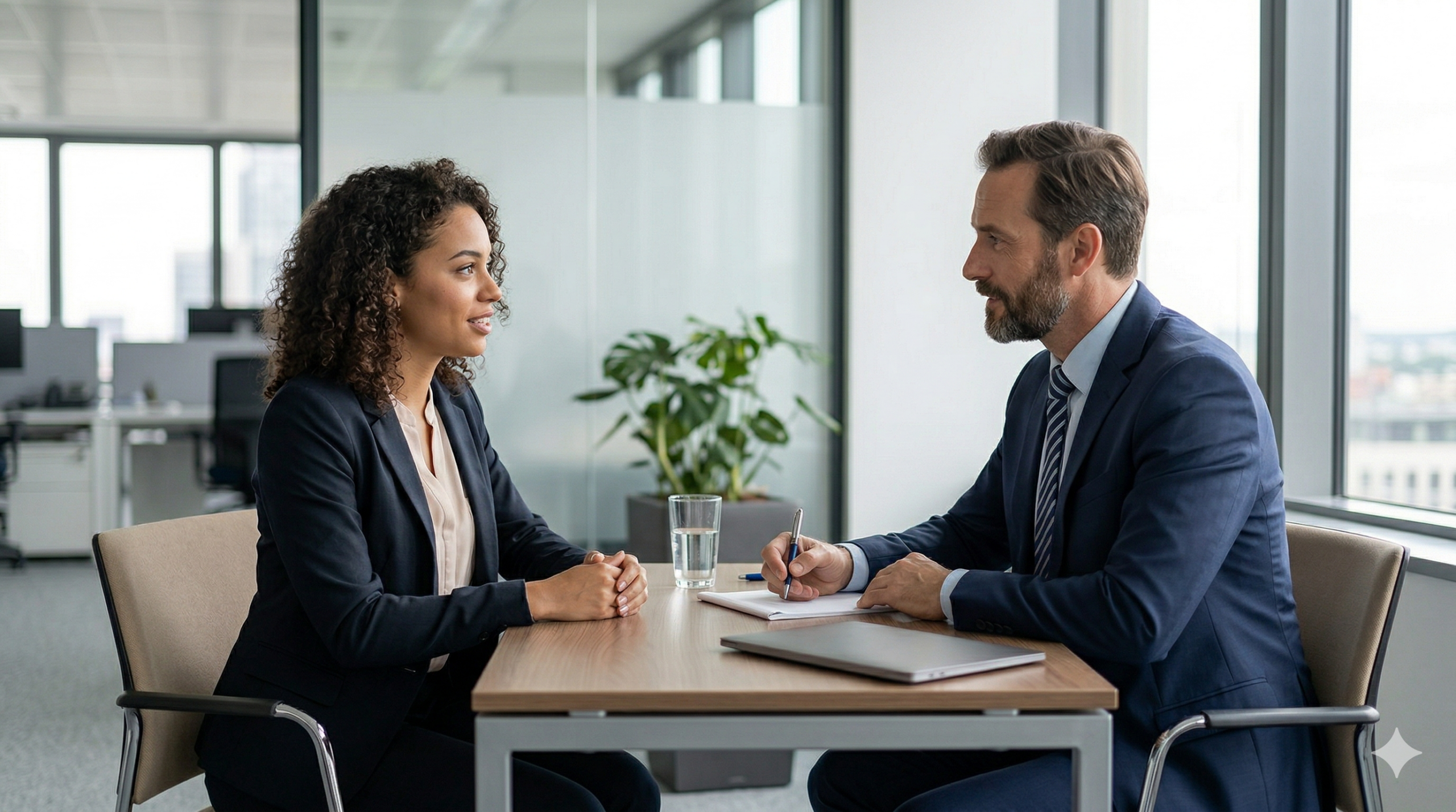 Razgovor za posao u modernom uredu, kandidat i dvoje sugovornika za stolom